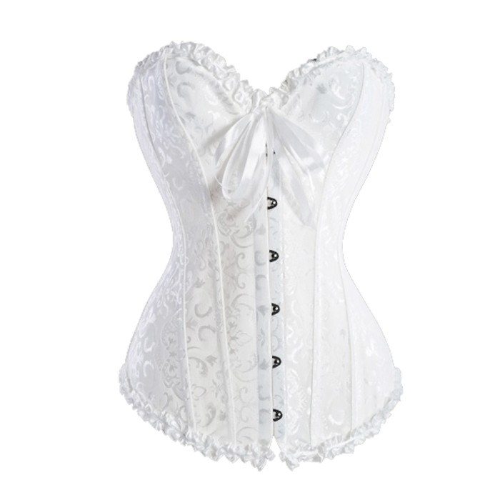 White Floral Boned Strapless Overbust Corset with Lace up Back